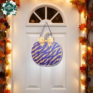 Purple Gold Tiger Stripes Bow Pumpkin Louisiana Wall Art Decor Fall Door Hanger